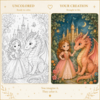 A side-by-side comparison of a coloring book page and the colored final artwork. The left side shows a black-and-white line drawing of a princess and dragon with a castle background, labeled 'UNCOLORED Ready to color.