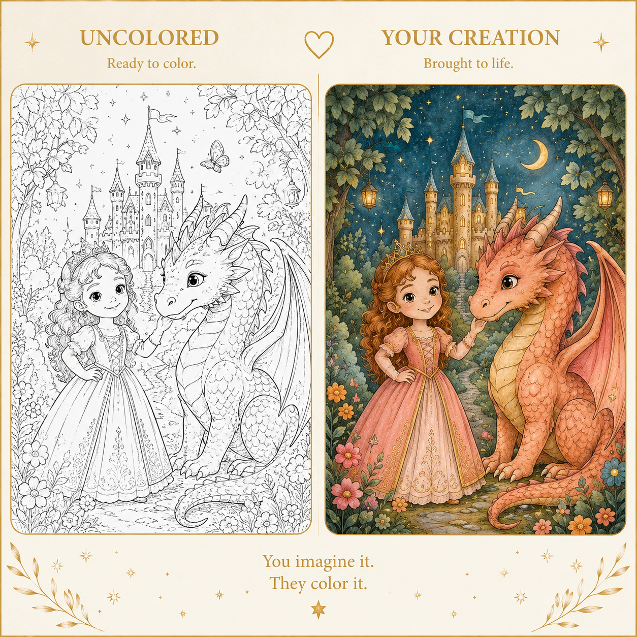 A side-by-side comparison of a coloring book page and the colored final artwork. The left side shows a black-and-white line drawing of a princess and dragon with a castle background, labeled 'UNCOLORED Ready to color.