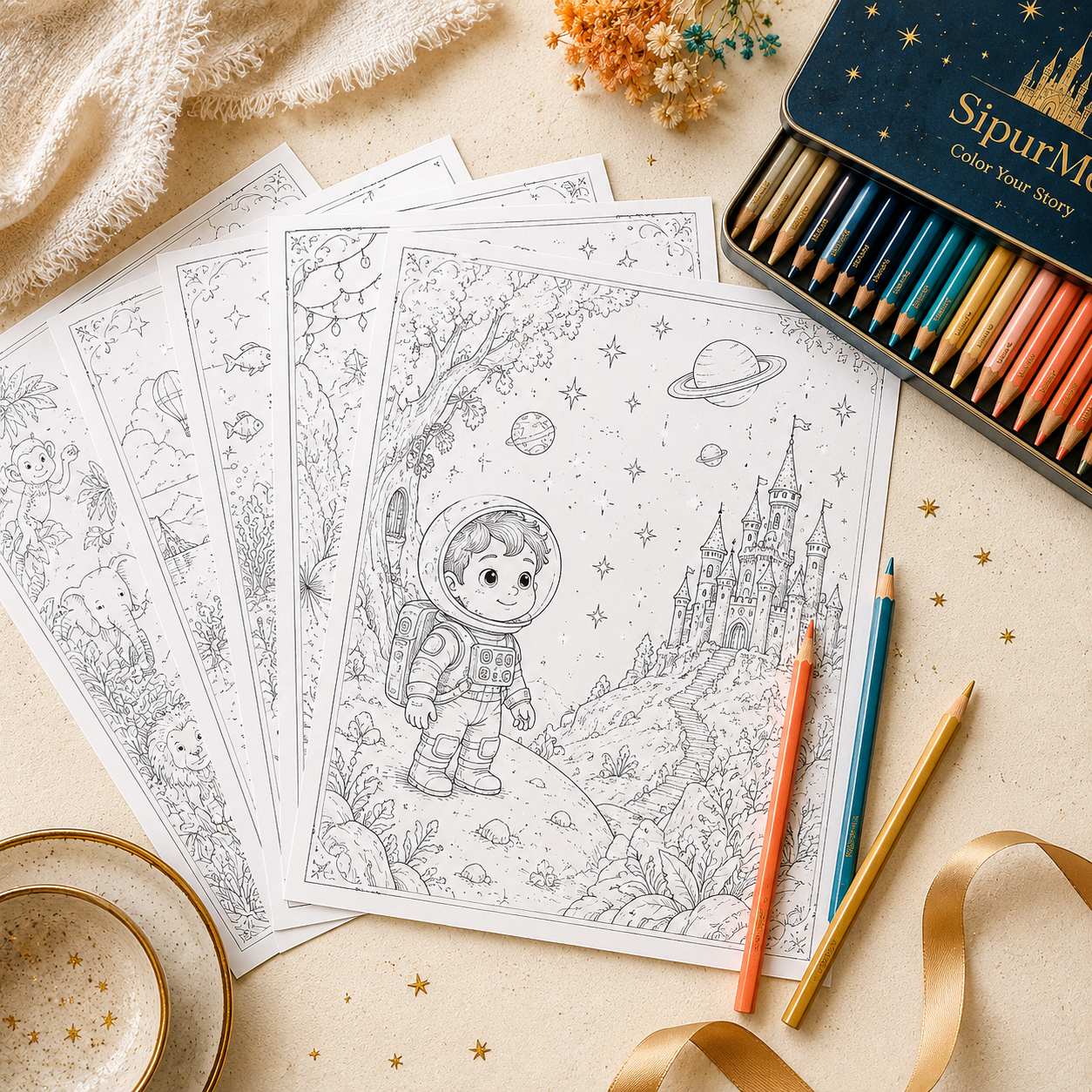 A set of black and white children's coloring pages featuring space-themed illustrations like an astronaut and a castle, displayed with a box of colored pencils, loose colored pencils, and decorative ribbons on a beige surface.