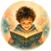 A circular illustration of a smiling child with curly brown hair reading a glowing blue book titled 'SipurMe' against a warm, starry pastel background.