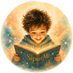 A circular illustration of a smiling child with curly brown hair reading a glowing blue book titled 'SipurMe' against a warm, starry pastel background.