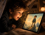 A young boy lies under a blanket in bed, looking at a tablet screen that displays a bedtime story illustration with the text 'DREAM BIG, BE BRAVE, BE YOU.'.