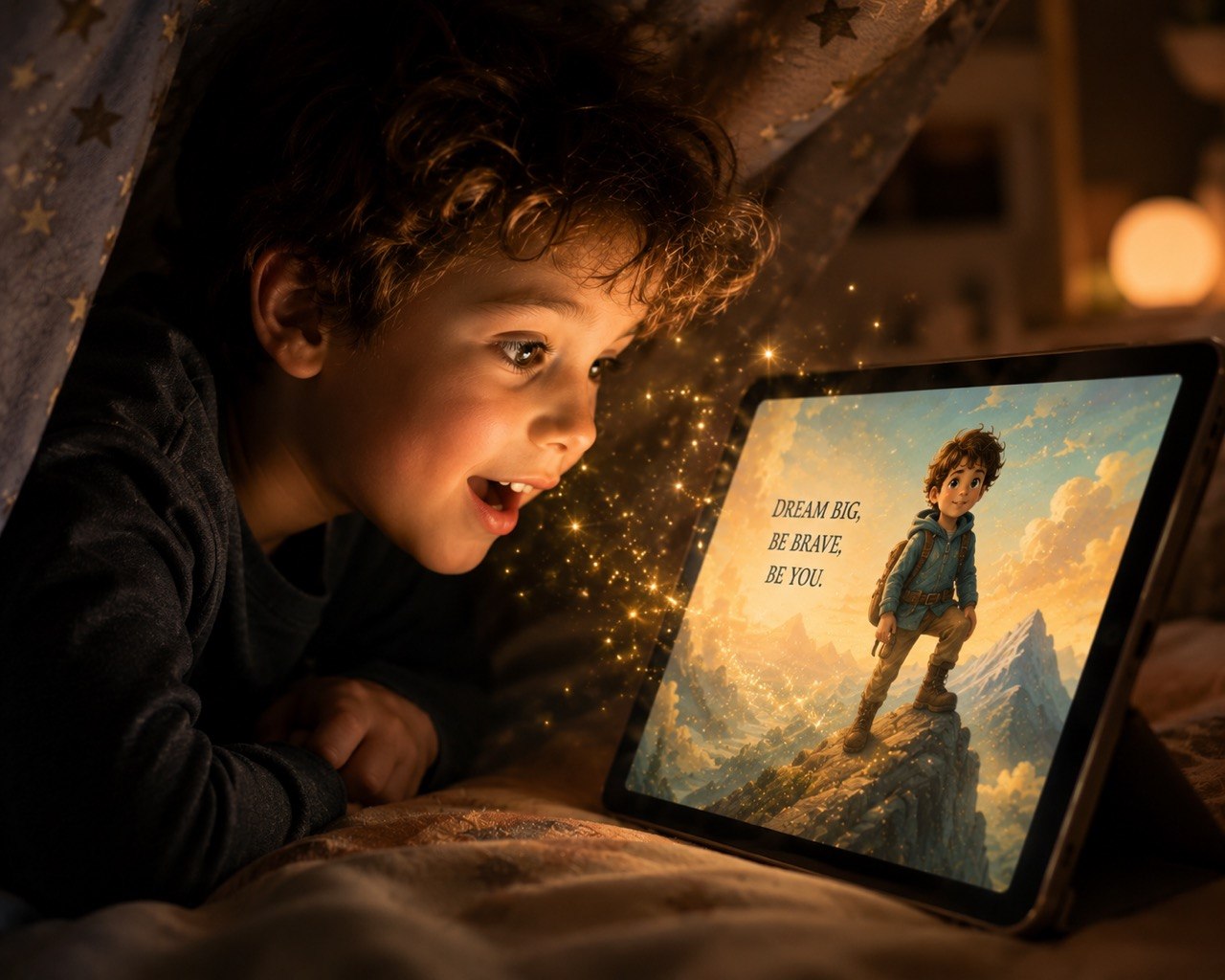 A young boy lies under a blanket in bed, looking at a tablet screen that displays a bedtime story illustration with the text 'DREAM BIG, BE BRAVE, BE YOU.'.