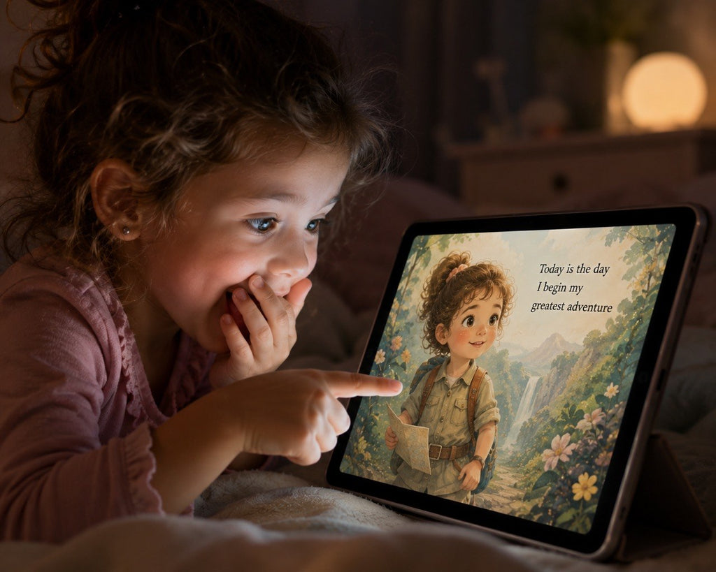 A young child with curly hair lies on a bed, pointing at a tablet screen showing a colorful children's book illustration with text that reads, 'Today is the day I begin my greatest adventure.'.