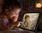A young child with curly hair lies on a bed, pointing at a tablet screen showing a colorful children's book illustration with text that reads, 'Today is the day I begin my greatest adventure.'.