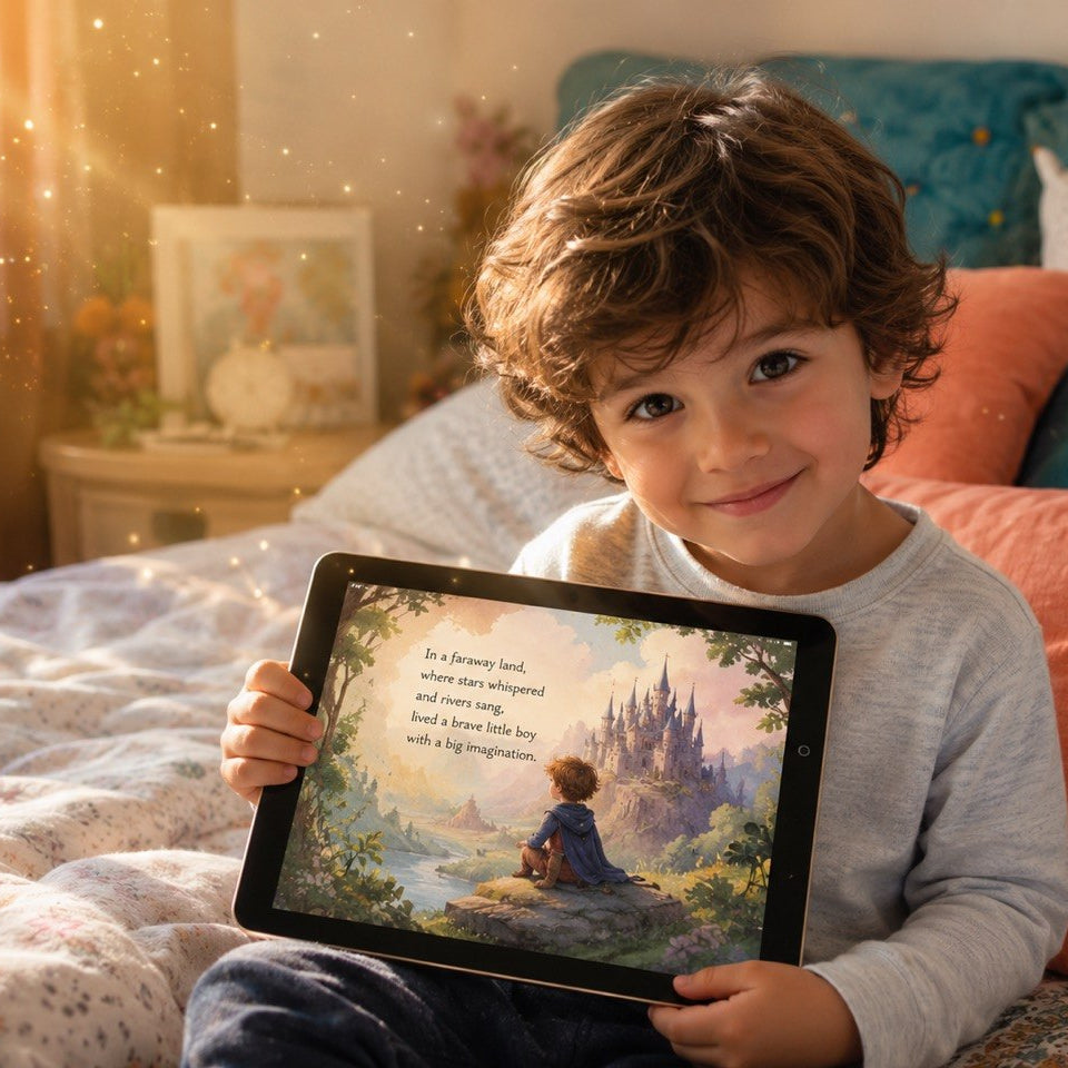 A young child with curly brown hair sits on a bed holding a tablet that displays a colorful children's book illustration. The bedroom background features teal pillows, a patterned quilt, and warm, golden sunlight streaming through the window.