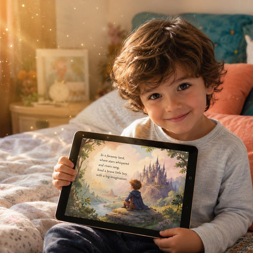 A young child with curly brown hair sits on a bed holding a tablet that displays a colorful children's book illustration. The bedroom background features teal pillows, a patterned quilt, and warm, golden sunlight streaming through the window.