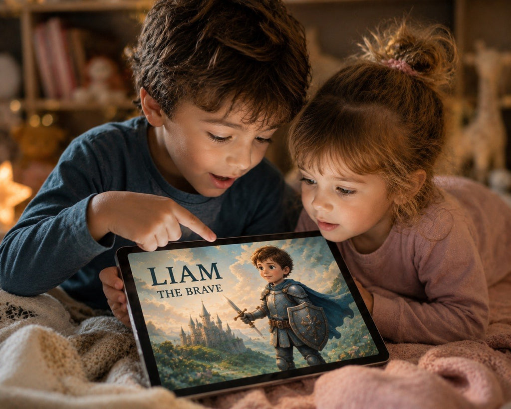 Two children, a boy and a girl, lying on a cozy blanket and looking at a tablet screen showing the book cover of 'Liam the Brave'.