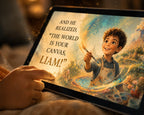 A tablet held in a person's hand displays a warm, painterly digital scene with a young boy holding a brush and the text, 'AND HE REALIZED, "THE WORLD IS YOUR CANVAS, LIAM!"'.