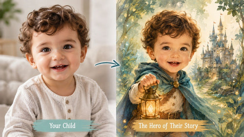 A split-screen comparison showing a toddler on the left labeled 'Your Child' and a fantasy-style illustrated portrait on the right labeled 'The Hero of Their Story.' The right side depicts the child as a brave hero in a blue cape holding a lantern, with a glowing castle in the background.