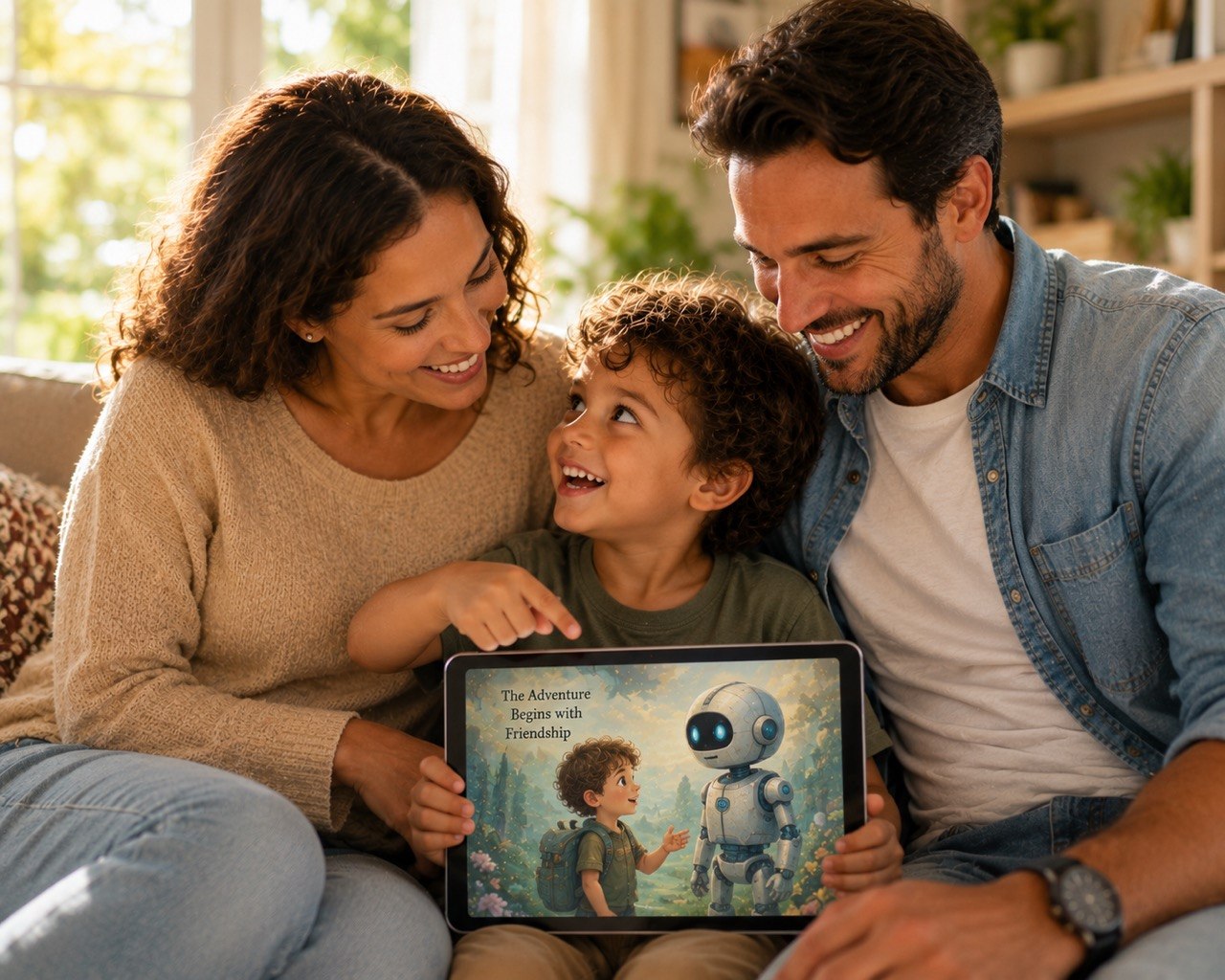 A smiling family of three sits together on a couch in a bright living room, looking at and interacting with a tablet screen showing an illustrated children's book cover titled "The Adventure Begins with Friendships.".