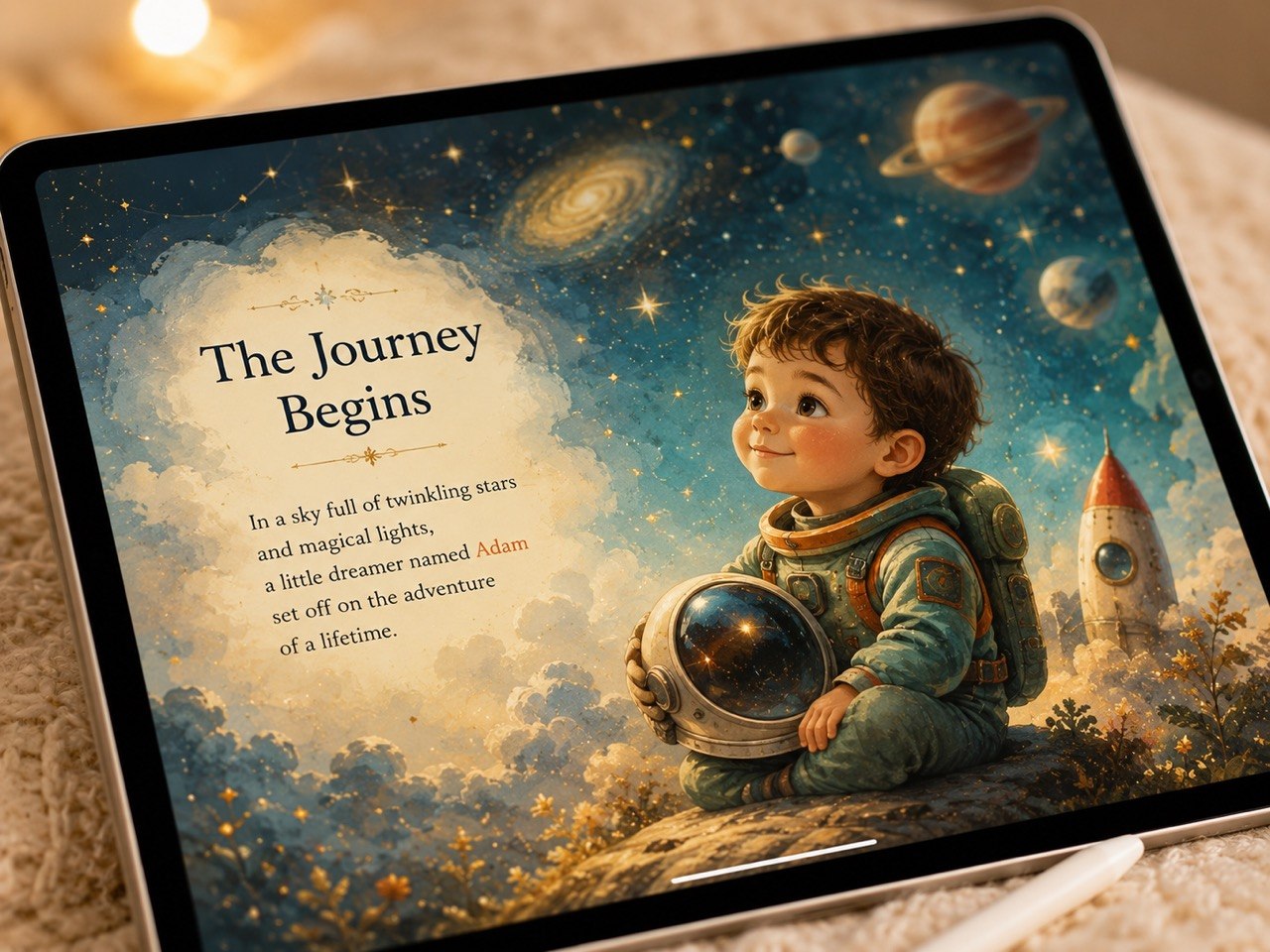 A tablet device angled on a soft beige surface, displaying a whimsical space-themed illustration with the text 'The Journey Begins' and an astronaut child holding a helmet in a starry sky scene.