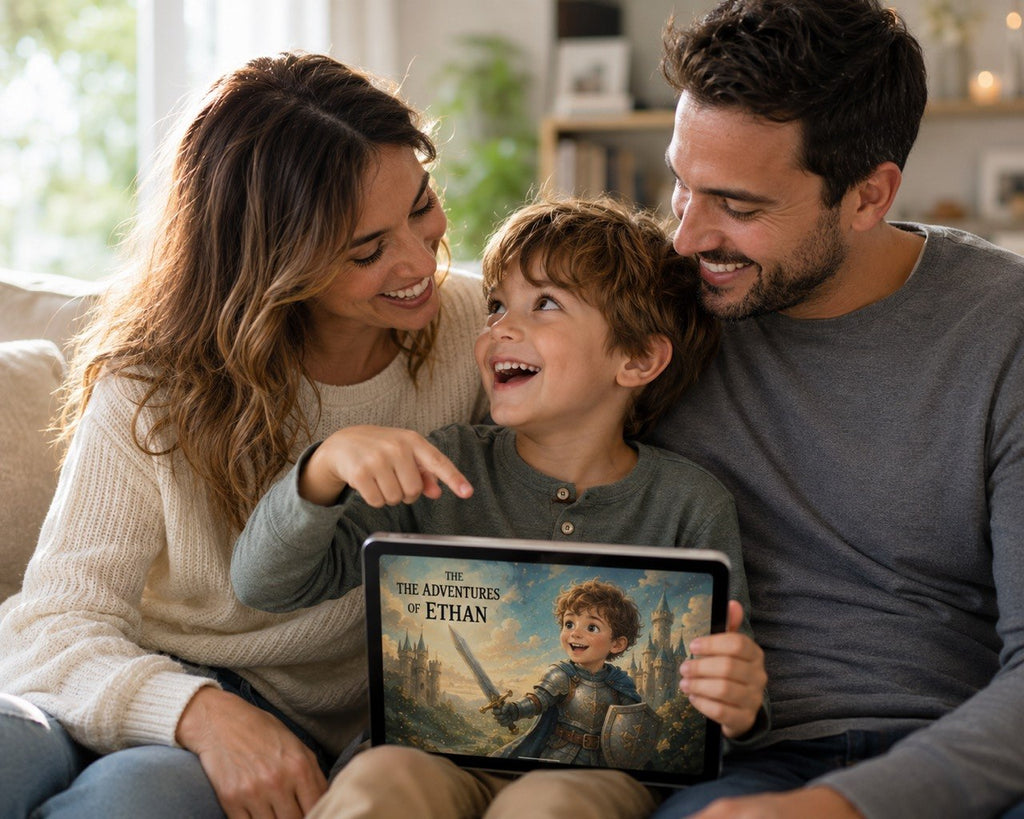 A family of three sits together on a couch, smiling and pointing at a tablet screen showing the movie poster for 'The Adventures of Ethan'. The scene is set in a warm, softly lit living room.