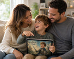 A family of three sits together on a couch, smiling and pointing at a tablet screen showing the movie poster for 'The Adventures of Ethan'. The scene is set in a warm, softly lit living room.