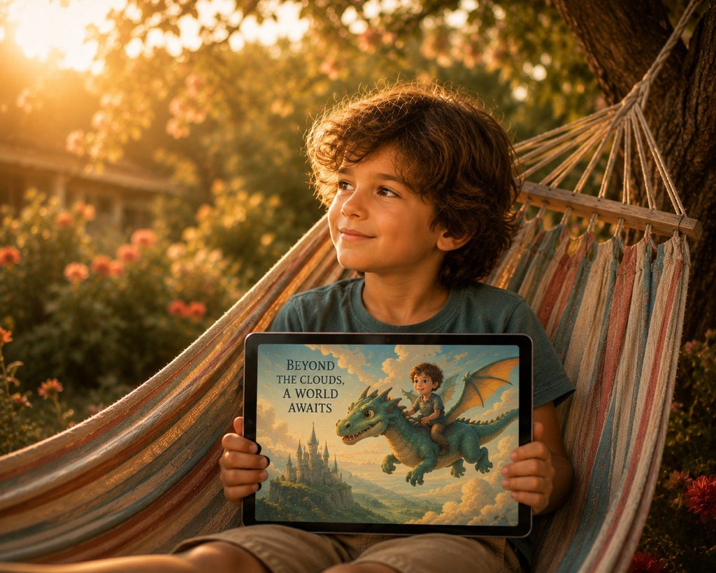 A young boy sits in a striped hammock outdoors, holding a tablet that displays a colorful fantasy illustration of a boy riding a blue dragon with the text 'BEYOND THE CLOUDS, A WORLD AWAITS.' The scene is warmly lit by golden sunlight with blurred trees and flowers in the background.