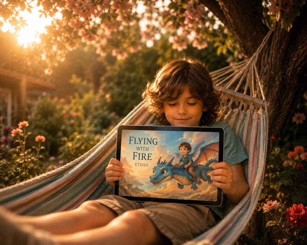 A child sits in a striped hammock outdoors under warm sunlight, holding a tablet displaying the book cover of 'Flying with Fire' by Ethan. The scene includes a tree trunk, flowers, and a garden background.