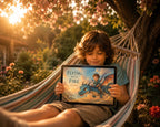A child sits in a striped hammock outdoors under warm sunlight, holding a tablet displaying the book cover of 'Flying with Fire' by Ethan. The scene includes a tree trunk, flowers, and a garden background.