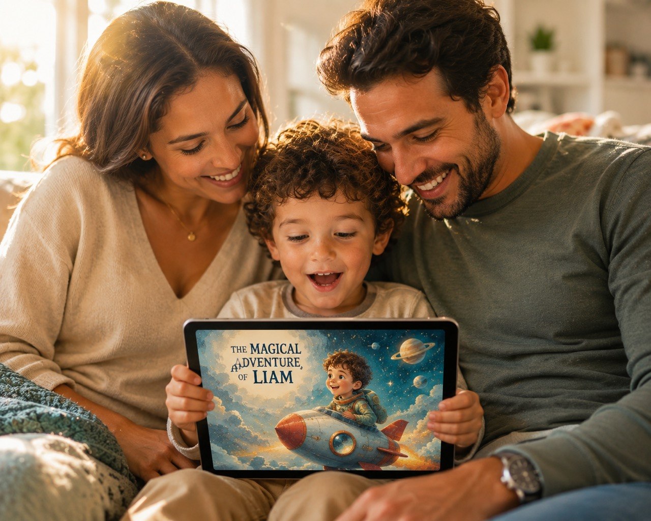 A father and mother sit closely together with their young son, all smiling and looking at a tablet screen showing the colorful cover of the children's book 'The Magical Adventure of Liam'.